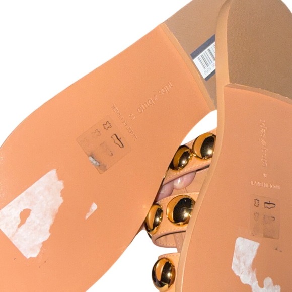 Cinq a Sept Women Tan Leather Studded Slide Sandals Gold Dome Studs Flat Size 36 - Picture 4 of 5